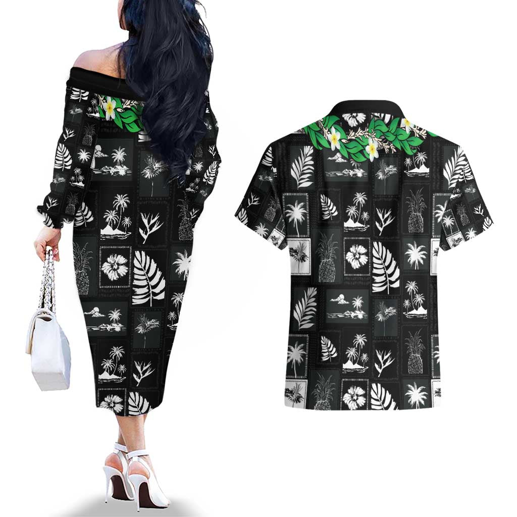 Aloha Hawaii Tuberose Lei Couples Matching Off The Shoulder Long Sleeve Dress and Hawaiian Shirt Tropical Vibes Black Color - Polynesian Pride