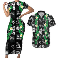 Aloha Hawaii Tuberose Lei Couples Matching Short Sleeve Bodycon Dress and Hawaiian Shirt Tropical Vibes Black Color - Polynesian Pride