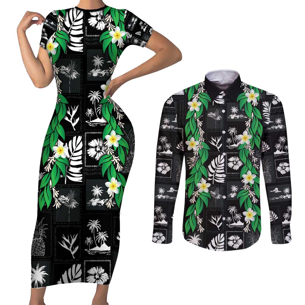 Aloha Hawaii Tuberose Lei Couples Matching Short Sleeve Bodycon Dress and Long Sleeve Button Shirt Tropical Vibes Black Color - Polynesian Pride