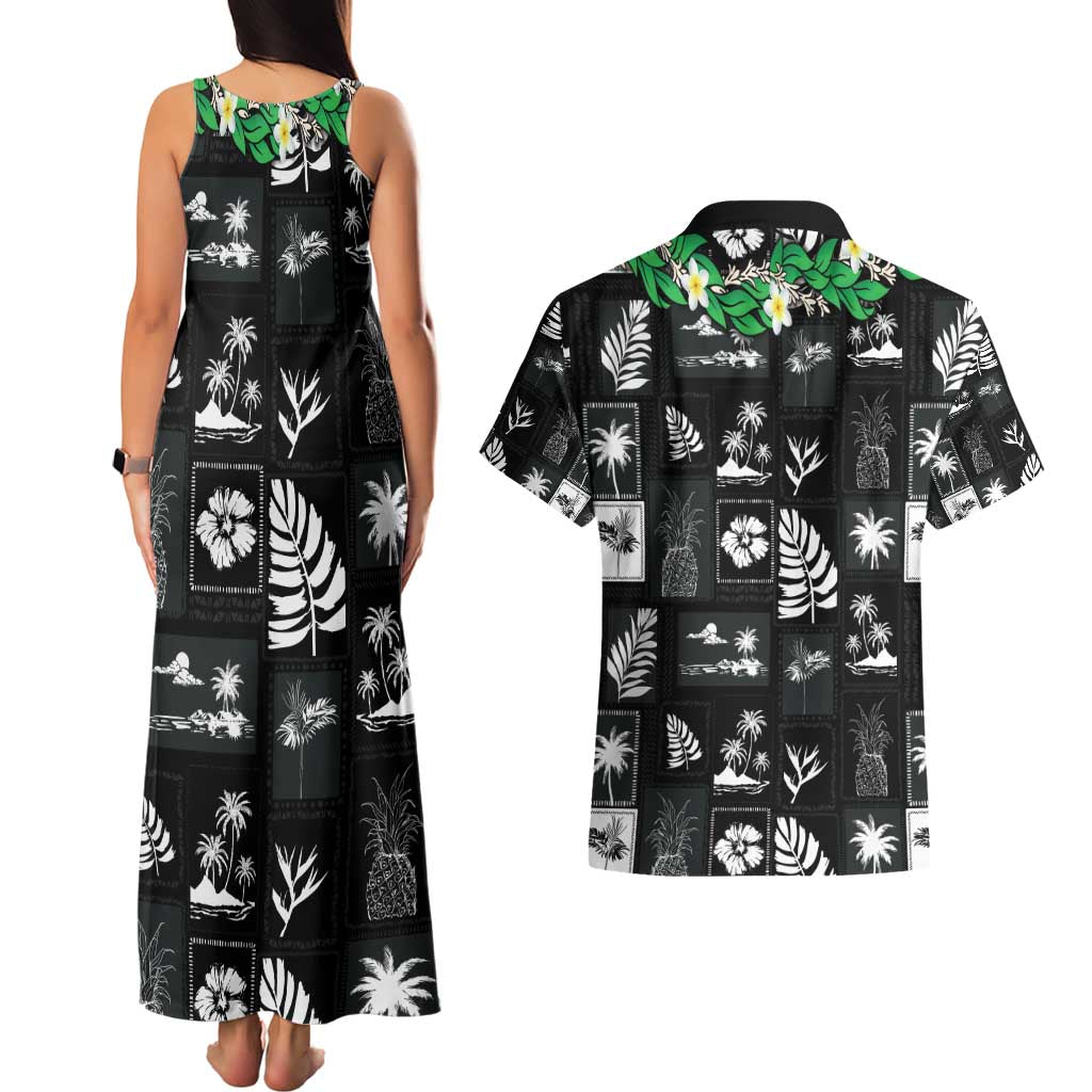 Aloha Hawaii Tuberose Lei Couples Matching Tank Maxi Dress and Hawaiian Shirt Tropical Vibes Black Color - Polynesian Pride