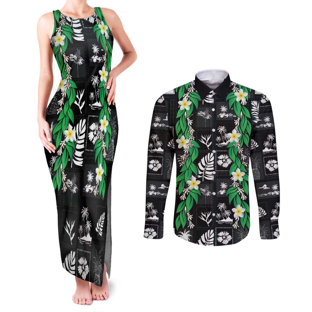 Aloha Hawaii Tuberose Lei Couples Matching Tank Maxi Dress and Long Sleeve Button Shirt Tropical Vibes Black Color - Polynesian Pride