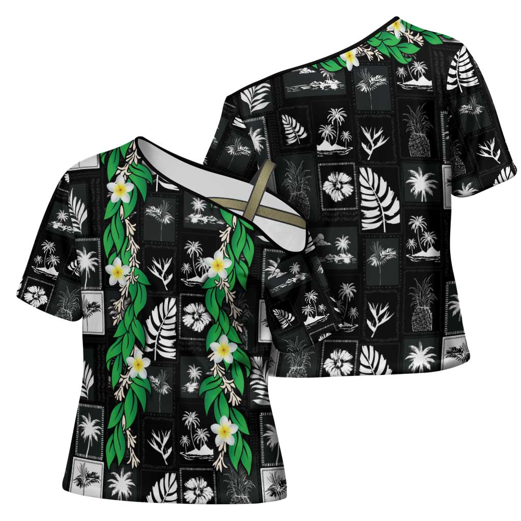 Aloha Hawaii Tuberose Lei Cross Shoulder Shirt Tropical Vibes Black Color - Polynesian Pride