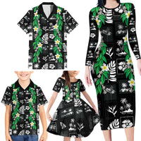 Aloha Hawaii Tuberose Lei Family Matching Long Sleeve Bodycon Dress and Hawaiian Shirt Tropical Vibes Black Color - Polynesian Pride