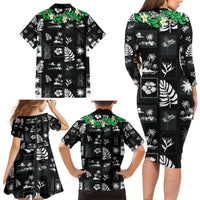 Aloha Hawaii Tuberose Lei Family Matching Long Sleeve Bodycon Dress and Hawaiian Shirt Tropical Vibes Black Color - Polynesian Pride
