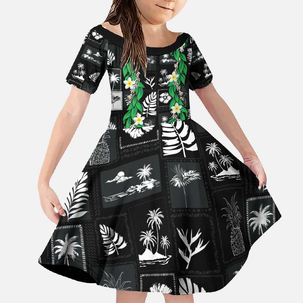 Aloha Hawaii Tuberose Lei Family Matching Mermaid Dress and Hawaiian Shirt Tropical Vibes Black Color - Polynesian Pride