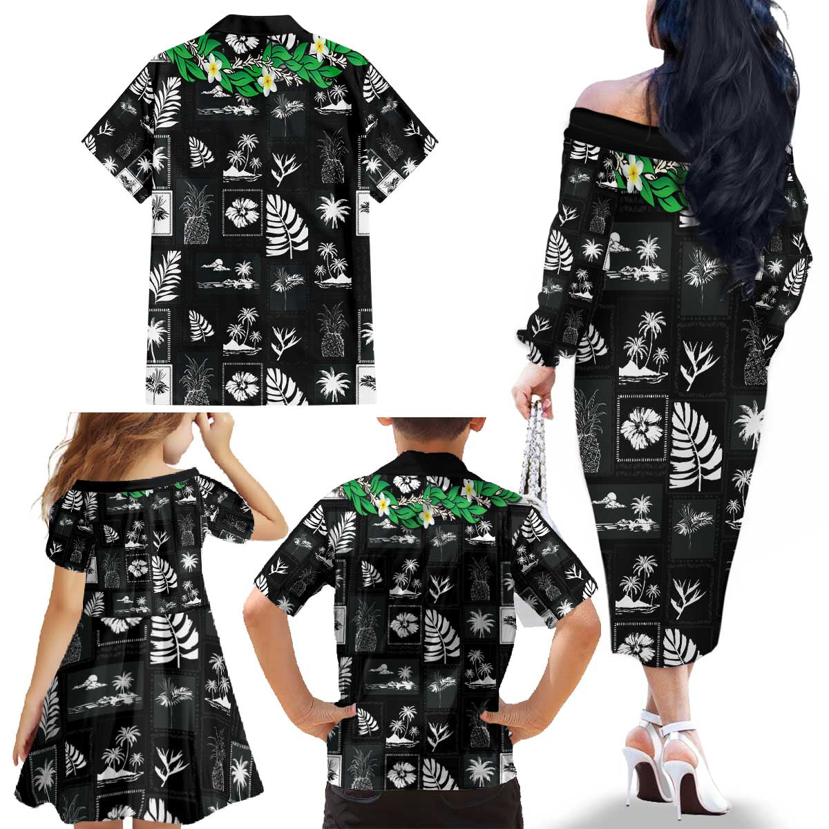 Aloha Hawaii Tuberose Lei Family Matching Off The Shoulder Long Sleeve Dress and Hawaiian Shirt Tropical Vibes Black Color - Polynesian Pride