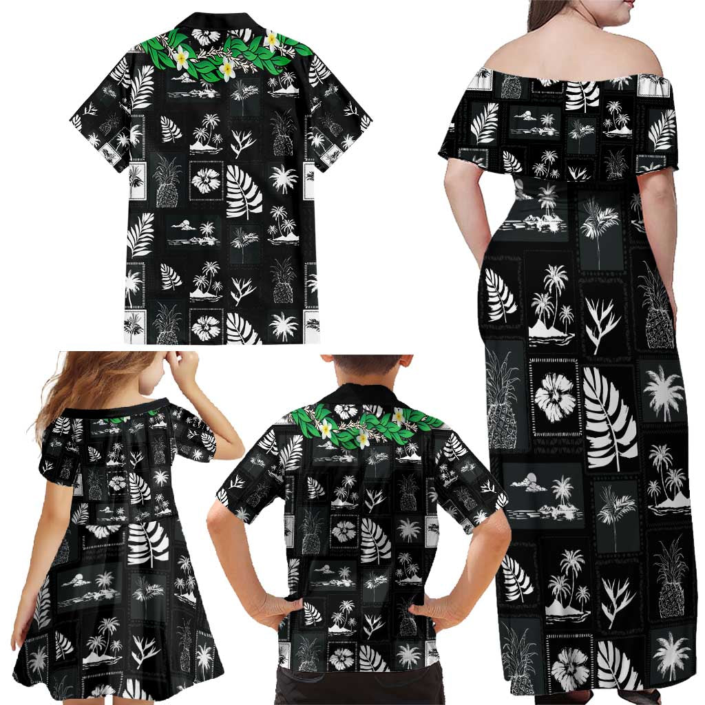 Aloha Hawaii Tuberose Lei Family Matching Off Shoulder Maxi Dress and Hawaiian Shirt Tropical Vibes Black Color - Polynesian Pride