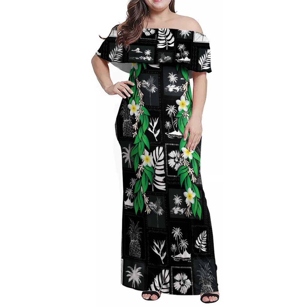 Aloha Hawaii Tuberose Lei Family Matching Off Shoulder Maxi Dress and Hawaiian Shirt Tropical Vibes Black Color - Polynesian Pride