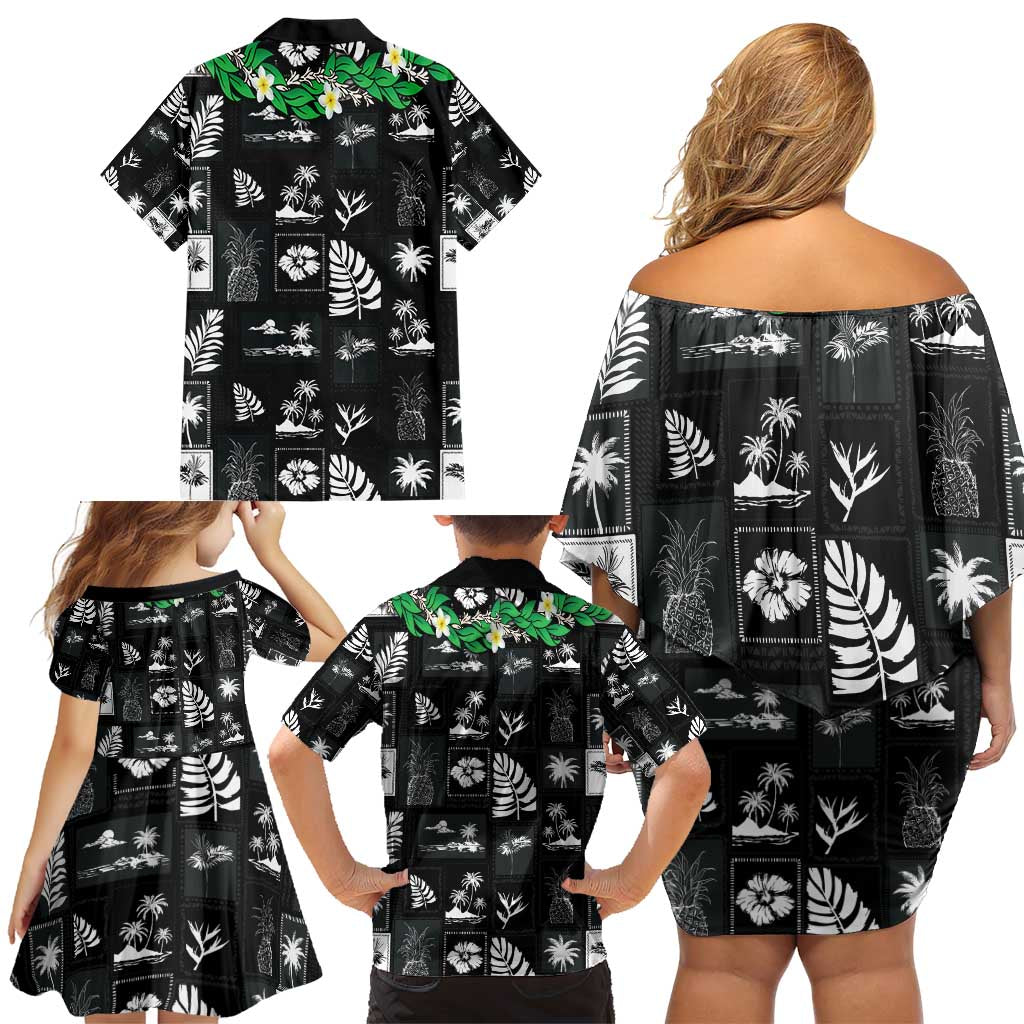 Aloha Hawaii Tuberose Lei Family Matching Off Shoulder Short Dress and Hawaiian Shirt Tropical Vibes Black Color - Polynesian Pride