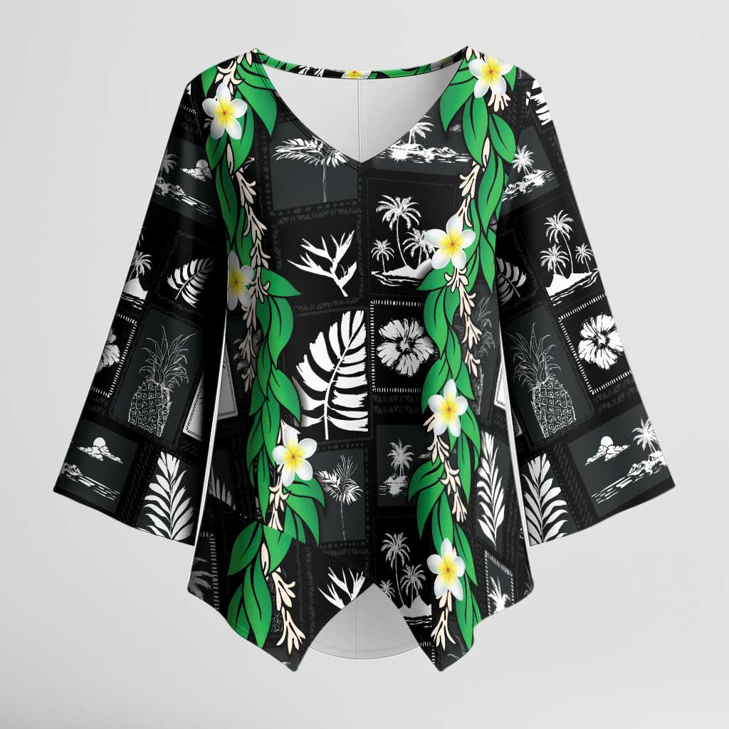 Aloha Hawaii Tuberose Lei Kimono Sleeve Blouse Tropical Vibes Black Color - Polynesian Pride