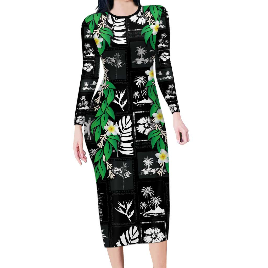 Aloha Hawaii Tuberose Lei Long Sleeve Bodycon Dress Tropical Vibes Black Color - Polynesian Pride
