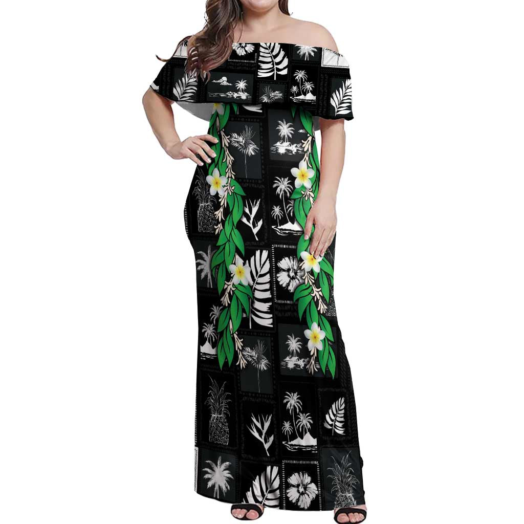 Aloha Hawaii Tuberose Lei Off Shoulder Maxi Dress Tropical Vibes Black Color - Polynesian Pride