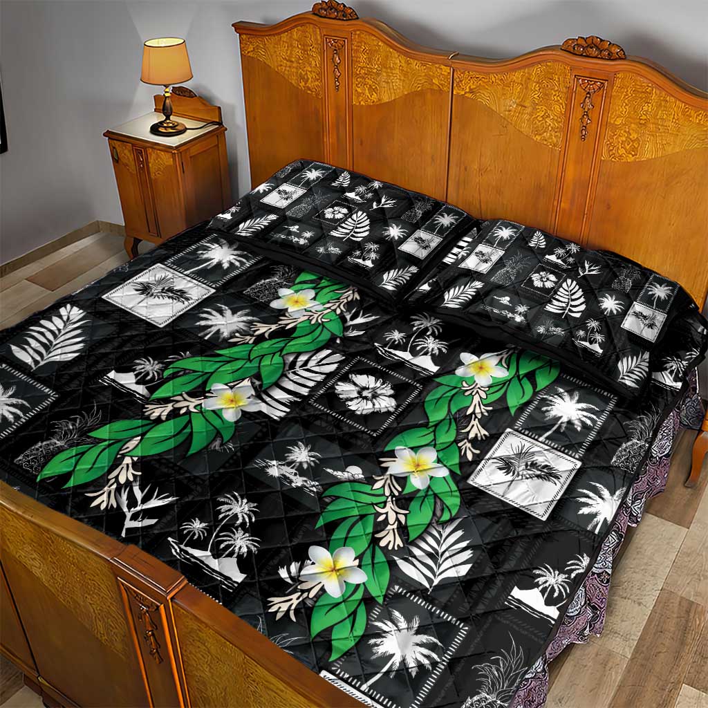 Aloha Hawaii Tuberose Lei Quilt Bed Set Tropical Vibes Black Color - Polynesian Pride