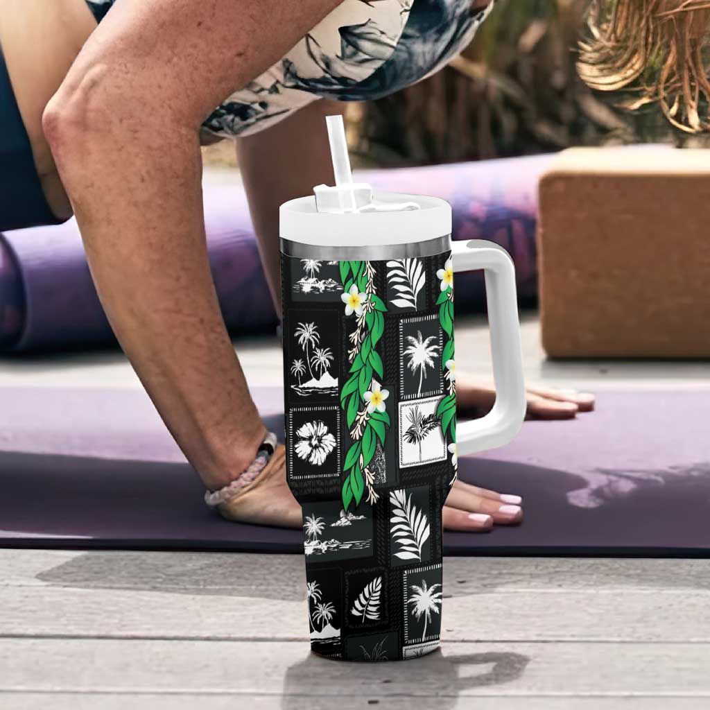 Aloha Hawaii Tuberose Lei Tumbler With Handle Tropical Vibes Black Color - Polynesian Pride
