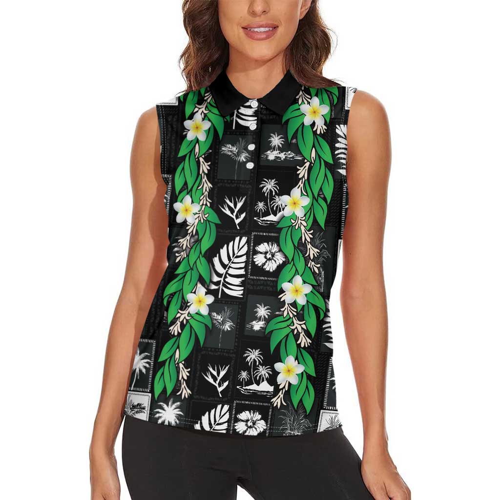 Aloha Hawaii Tuberose Lei Women Sleeveless Polo Shirt Tropical Vibes Black Color - Polynesian Pride