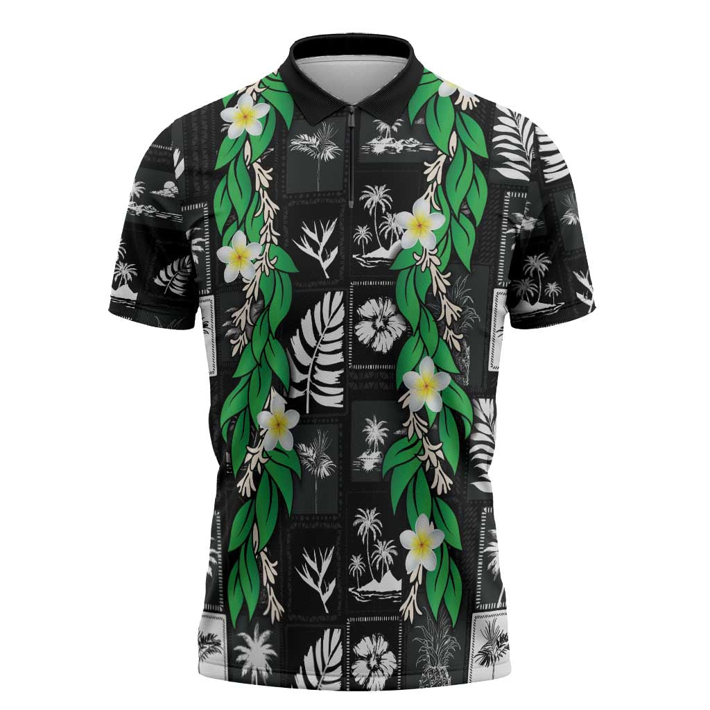 Aloha Hawaii Tuberose Lei Zipper Polo Shirt Tropical Vibes Black Color - Polynesian Pride