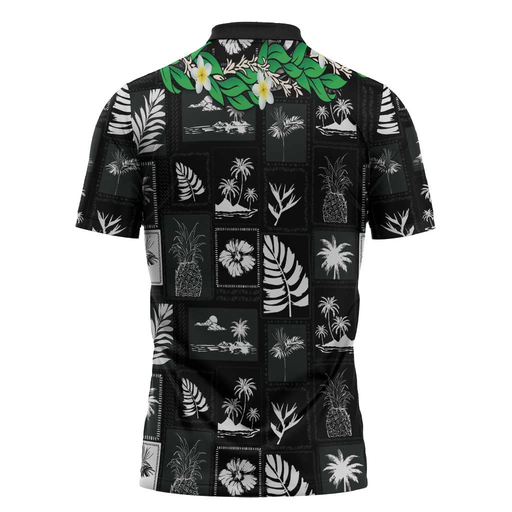 Aloha Hawaii Tuberose Lei Zipper Polo Shirt Tropical Vibes Black Color - Polynesian Pride