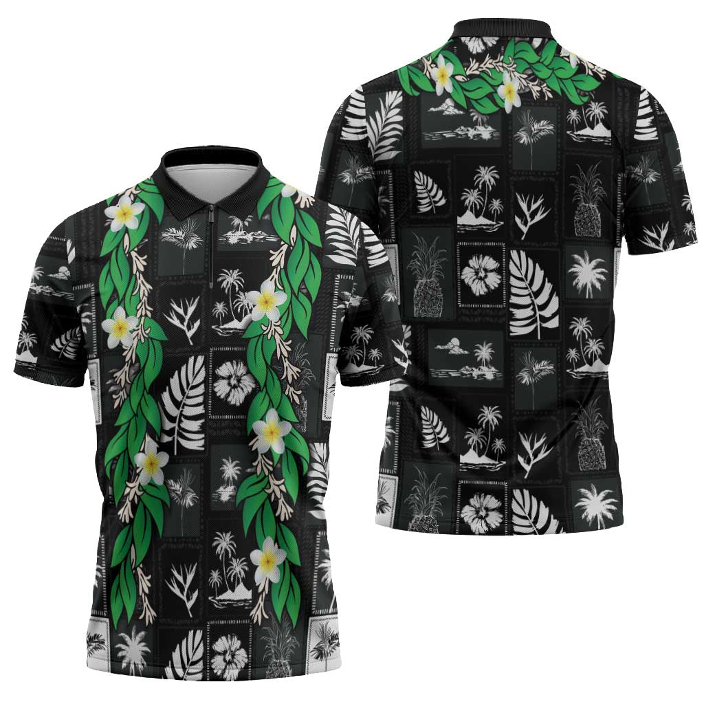 Aloha Hawaii Tuberose Lei Zipper Polo Shirt Tropical Vibes Black Color - Polynesian Pride