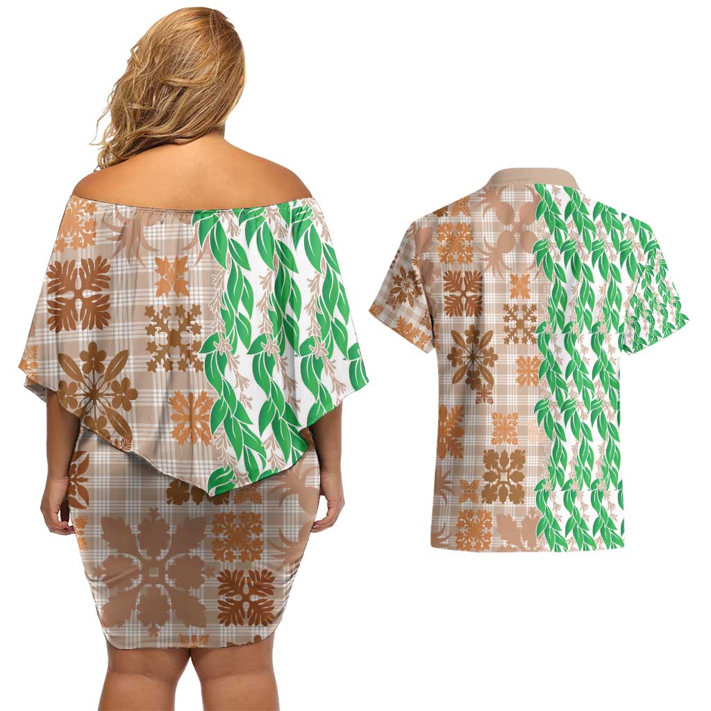 Aloha Hawaii Palaka Tuberose Lei Couples Matching Off Shoulder Short Dress and Hawaiian Shirt Hawaiian Quilt Seamless Style - Polynesian Pride