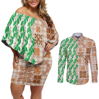 Aloha Hawaii Palaka Tuberose Lei Couples Matching Off Shoulder Short Dress and Long Sleeve Button Shirt Hawaiian Quilt Seamless Style - Polynesian Pride