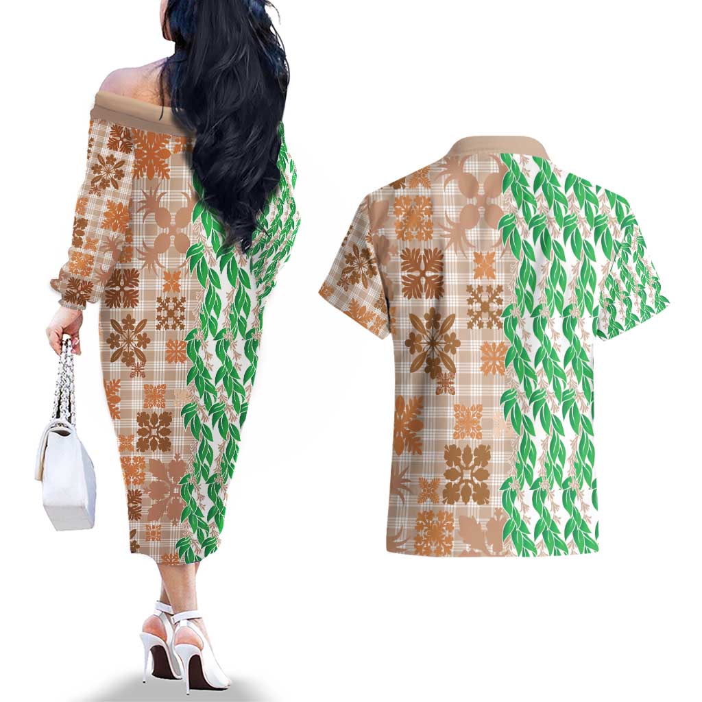 Aloha Hawaii Palaka Tuberose Lei Couples Matching Off The Shoulder Long Sleeve Dress and Hawaiian Shirt Hawaiian Quilt Seamless Style - Polynesian Pride