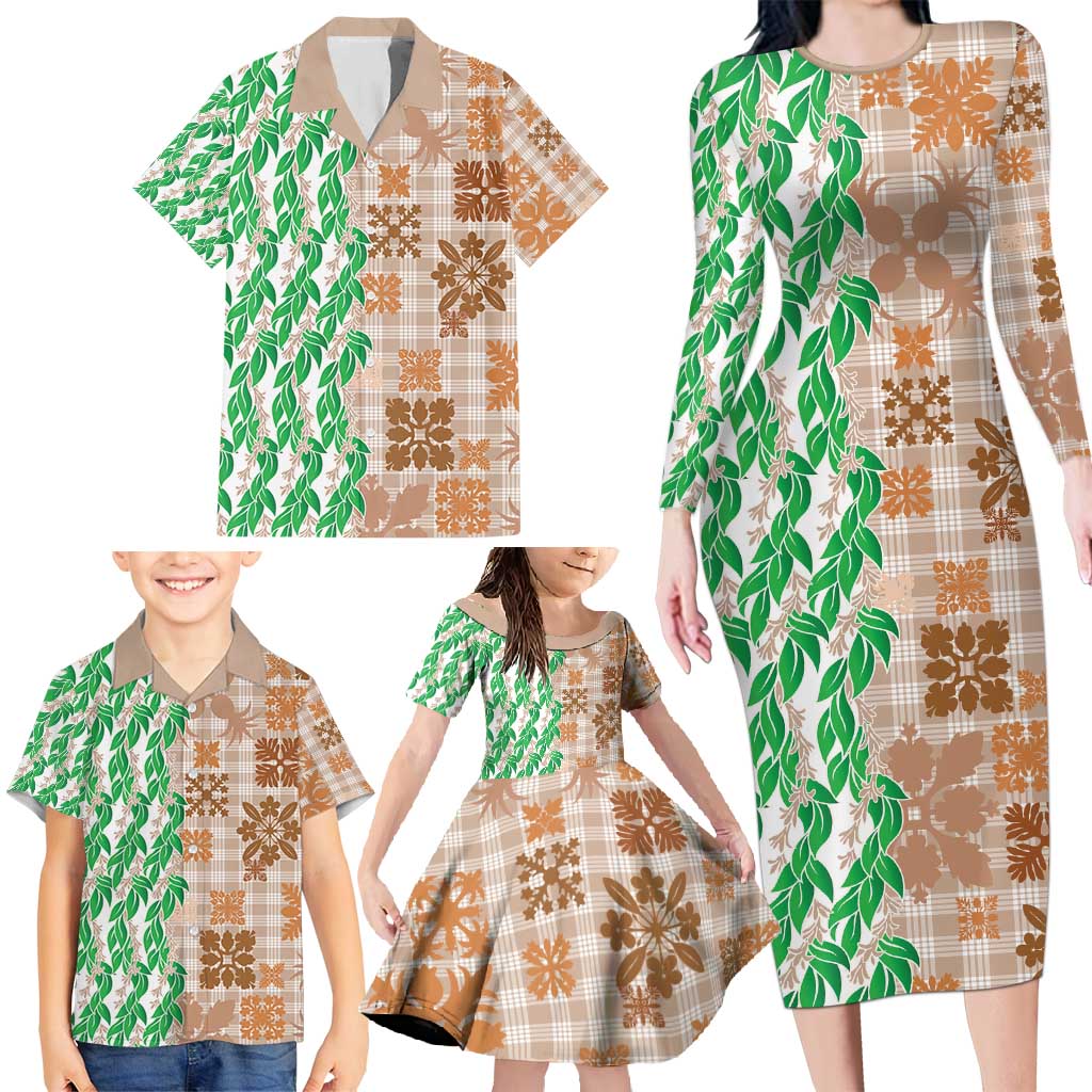 Aloha Hawaii Palaka Tuberose Lei Family Matching Long Sleeve Bodycon Dress and Hawaiian Shirt Hawaiian Quilt Seamless Style - Polynesian Pride