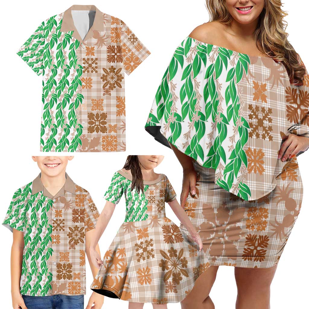 Aloha Hawaii Palaka Tuberose Lei Family Matching Off Shoulder Short Dress and Hawaiian Shirt Hawaiian Quilt Seamless Style - Polynesian Pride