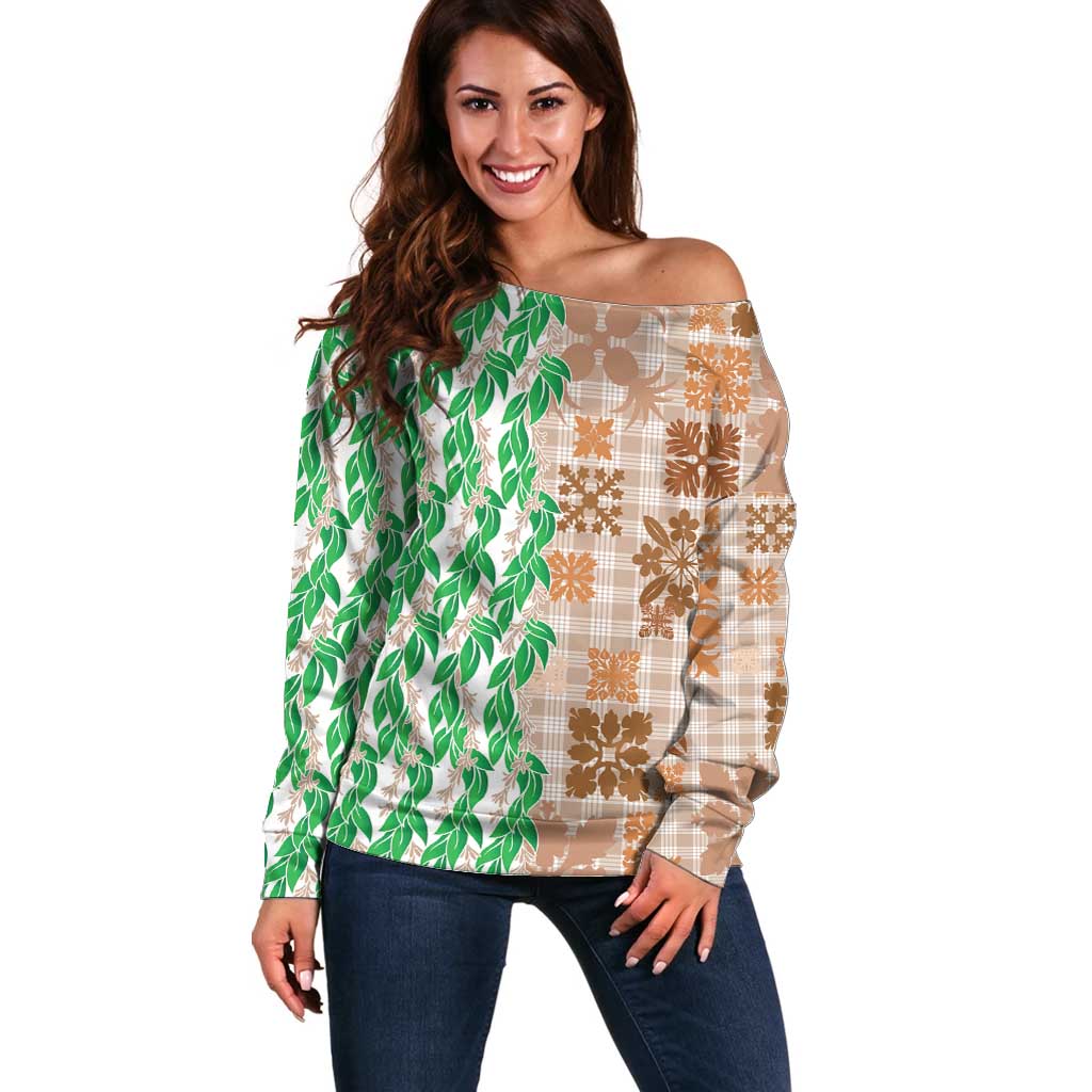 Aloha Hawaii Palaka Tuberose Lei Off Shoulder Sweater Hawaiian Quilt Seamless Style - Polynesian Pride
