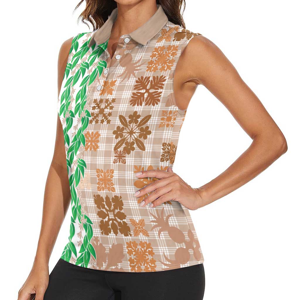 Aloha Hawaii Palaka Tuberose Lei Women Sleeveless Polo Shirt Hawaiian Quilt Seamless Style - Polynesian Pride