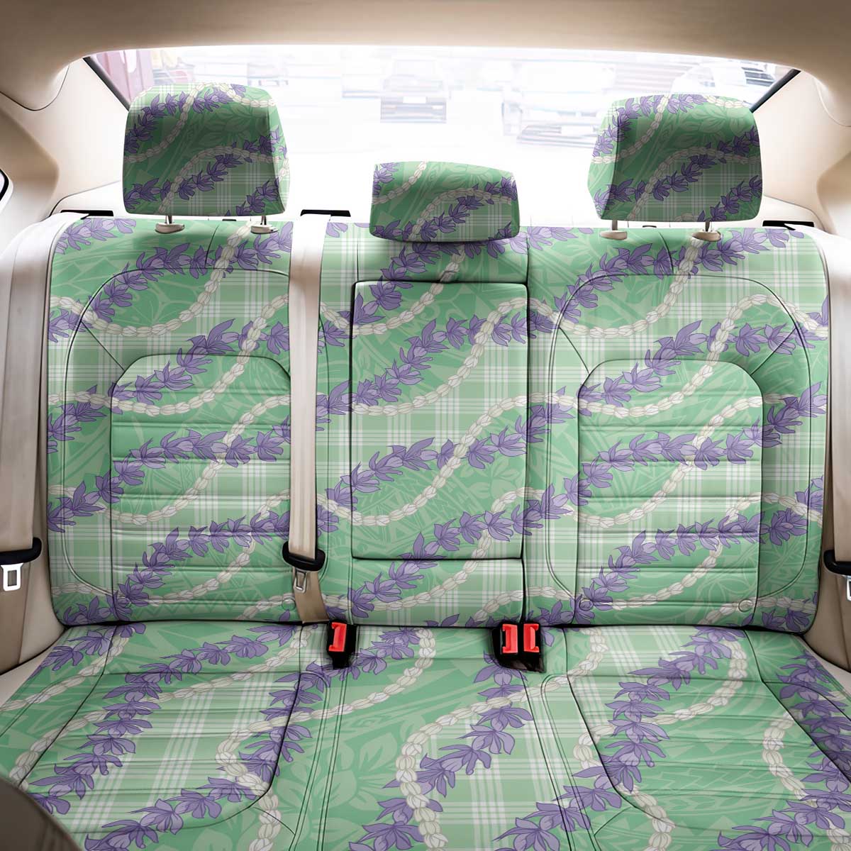 Pastel Green Hawaii Palaka Honohono Pikake Back Car Seat Cover Hawaiian Orchid Lei Polynesian Pattern - Polynesian Pride