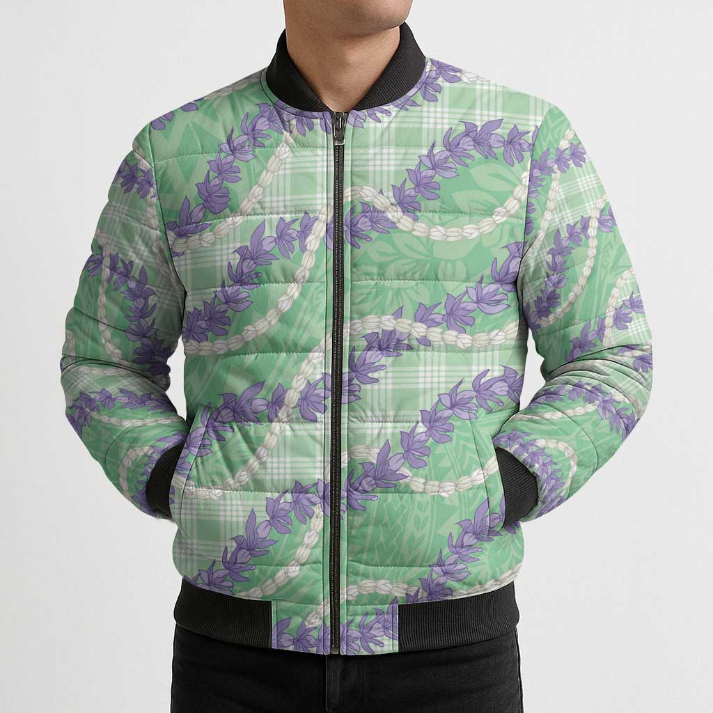 Pastel Green Hawaii Palaka Honohono Pikake Bomber Puffer Jacket Hawaiian Orchid Lei Polynesian Pattern - Polynesian Pride