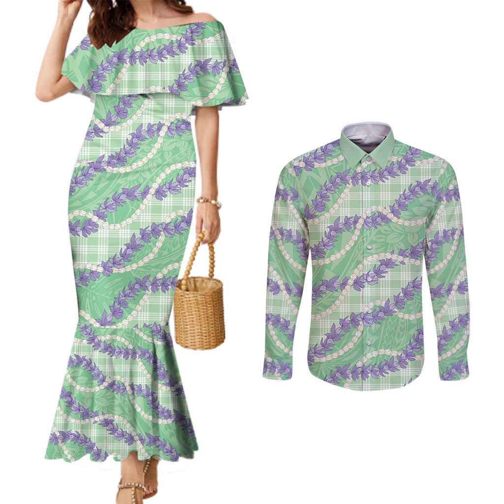 Pastel Green Hawaii Palaka Honohono Pikake Couples Matching Mermaid Dress and Long Sleeve Button Shirt Hawaiian Orchid Lei Polynesian Pattern - Polynesian Pride