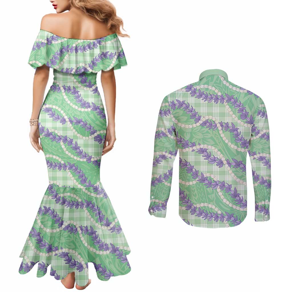 Pastel Green Hawaii Palaka Honohono Pikake Couples Matching Mermaid Dress and Long Sleeve Button Shirt Hawaiian Orchid Lei Polynesian Pattern - Polynesian Pride