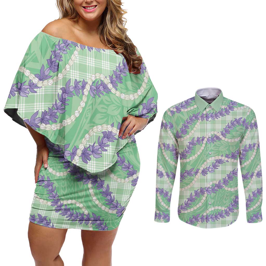 Pastel Green Hawaii Palaka Honohono Pikake Couples Matching Off Shoulder Short Dress and Long Sleeve Button Shirt Hawaiian Orchid Lei Polynesian Pattern - Polynesian Pride