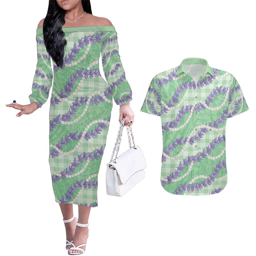 Pastel Green Hawaii Palaka Honohono Pikake Couples Matching Off The Shoulder Long Sleeve Dress and Hawaiian Shirt Hawaiian Orchid Lei Polynesian Pattern - Polynesian Pride