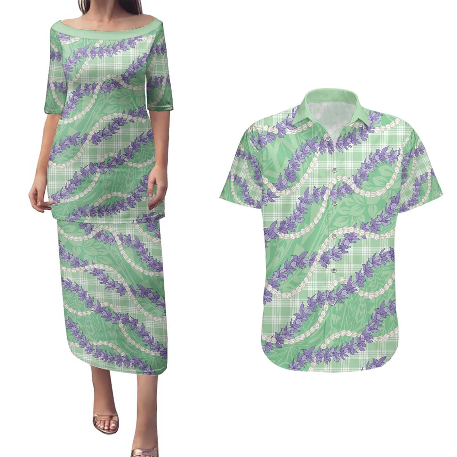 Pastel Green Hawaii Palaka Honohono Pikake Couples Matching Puletasi and Hawaiian Shirt Hawaiian Orchid Lei Polynesian Pattern - Polynesian Pride