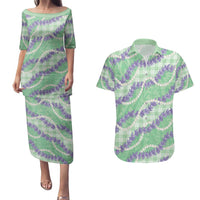 Pastel Green Hawaii Palaka Honohono Pikake Couples Matching Puletasi and Hawaiian Shirt Hawaiian Orchid Lei Polynesian Pattern - Polynesian Pride