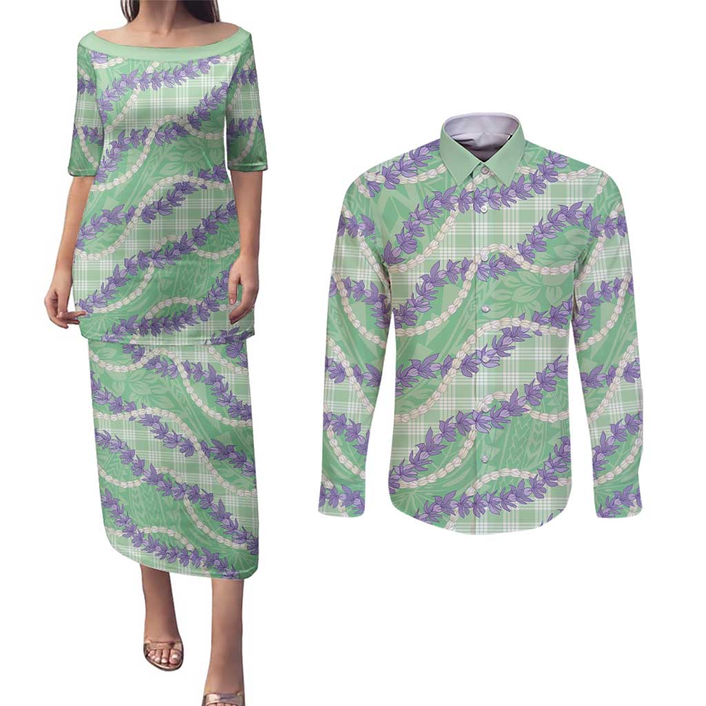 Pastel Green Hawaii Palaka Honohono Pikake Couples Matching Puletasi and Long Sleeve Button Shirt Hawaiian Orchid Lei Polynesian Pattern - Polynesian Pride