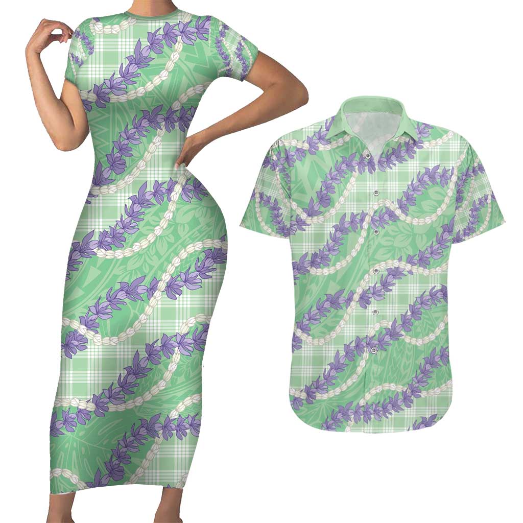 Pastel Green Hawaii Palaka Honohono Pikake Couples Matching Short Sleeve Bodycon Dress and Hawaiian Shirt Hawaiian Orchid Lei Polynesian Pattern - Polynesian Pride