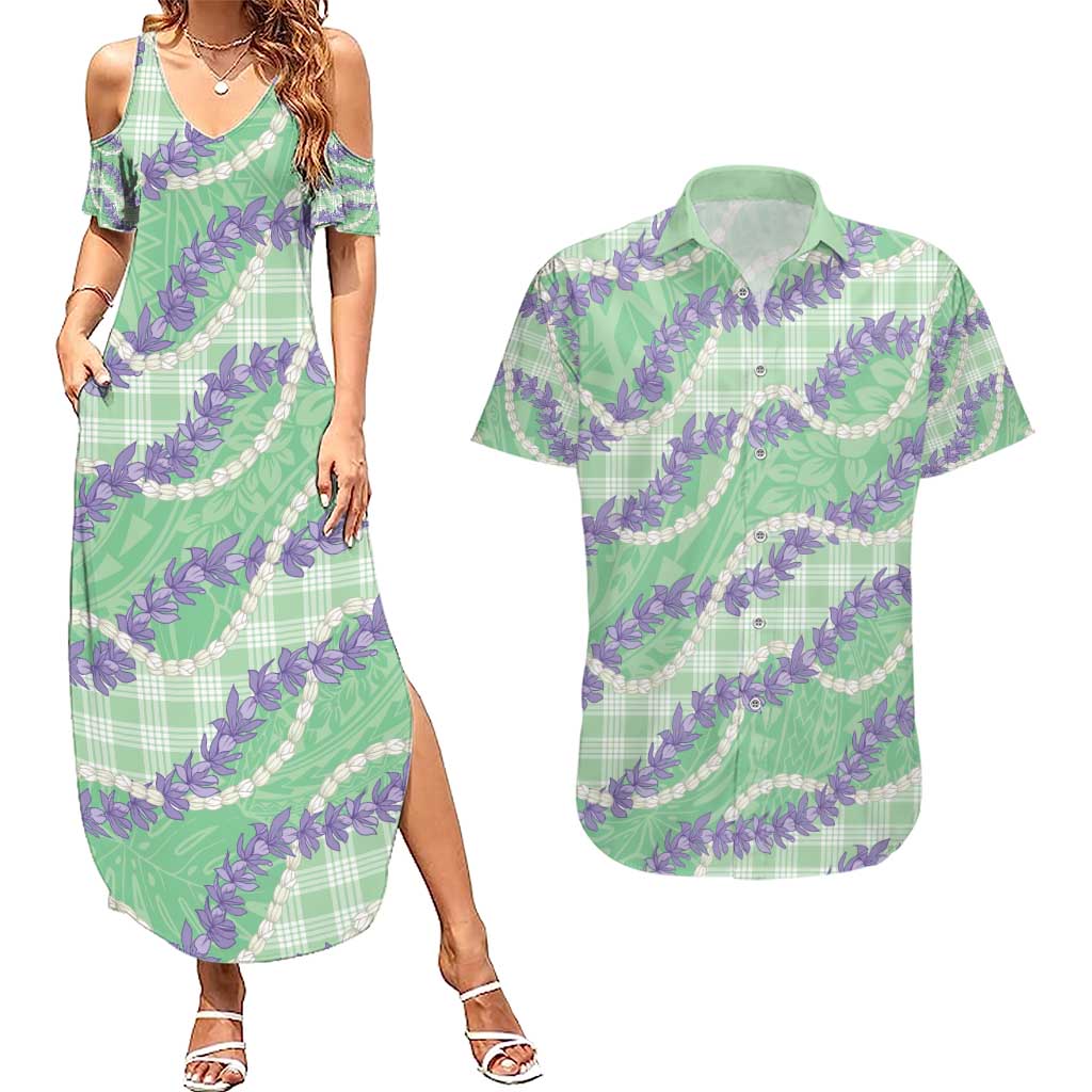 Pastel Green Hawaii Palaka Honohono Pikake Couples Matching Summer Maxi Dress and Hawaiian Shirt Hawaiian Orchid Lei Polynesian Pattern - Polynesian Pride