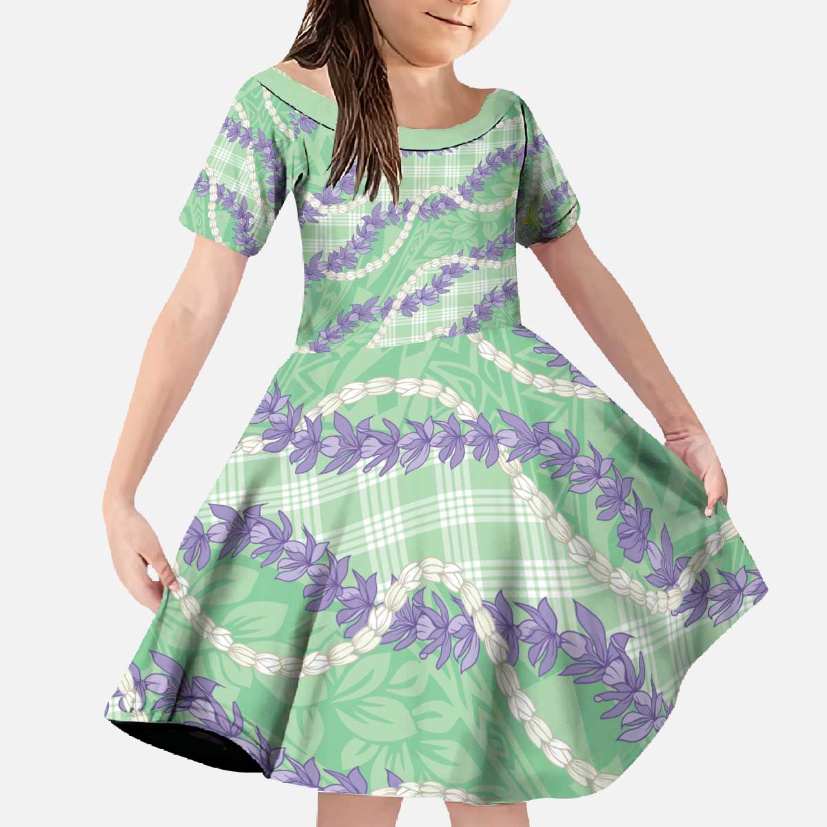 Pastel Green Hawaii Palaka Honohono Pikake Family Matching Off The Shoulder Long Sleeve Dress and Hawaiian Shirt Hawaiian Orchid Lei Polynesian Pattern - Polynesian Pride