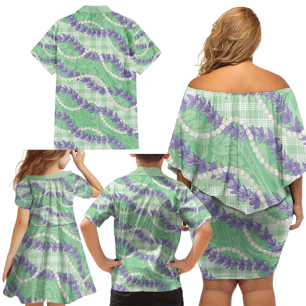 Pastel Green Hawaii Palaka Honohono Pikake Family Matching Off Shoulder Short Dress and Hawaiian Shirt Hawaiian Orchid Lei Polynesian Pattern - Polynesian Pride