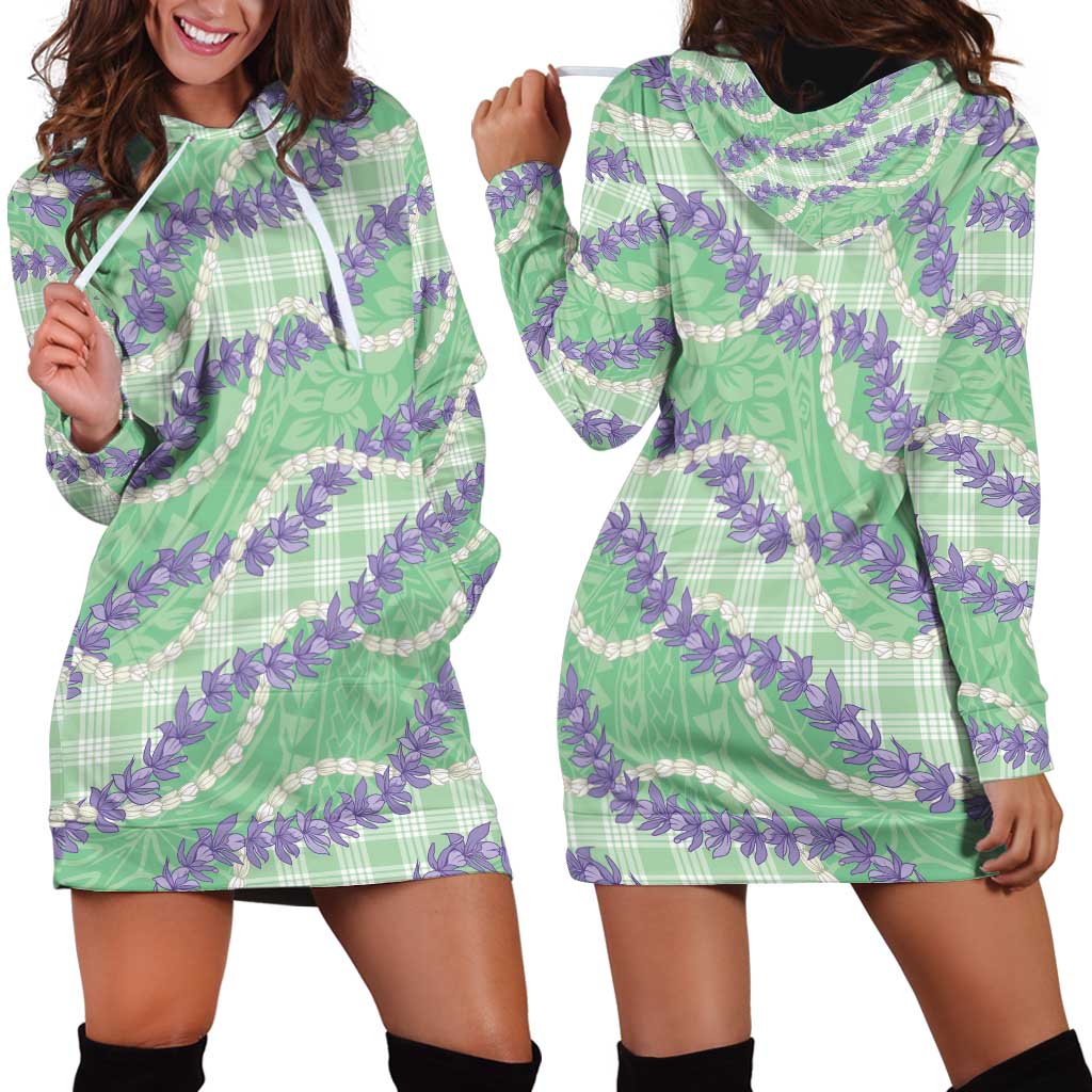 Pastel Green Hawaii Palaka Honohono Pikake Hoodie Dress Hawaiian Orchid Lei Polynesian Pattern - Polynesian Pride