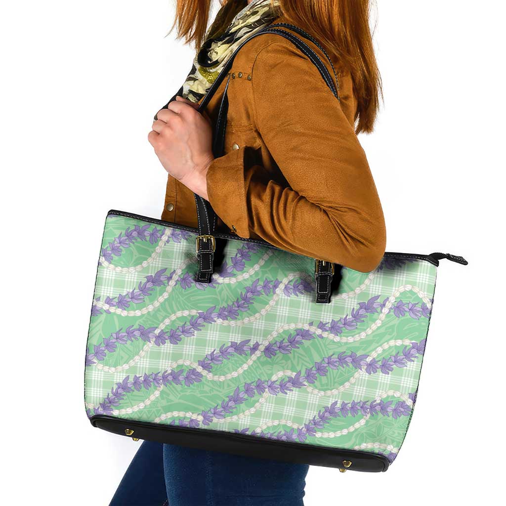 Pastel Green Hawaii Palaka Honohono Pikake Leather Tote Bag Hawaiian Orchid Lei Polynesian Pattern - Polynesian Pride