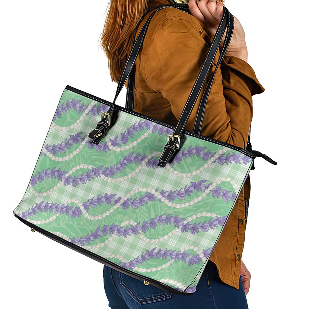 Pastel Green Hawaii Palaka Honohono Pikake Leather Tote Bag Hawaiian Orchid Lei Polynesian Pattern - Polynesian Pride