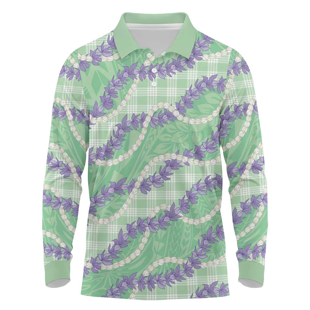 Pastel Green Hawaii Palaka Honohono Pikake Long Sleeve Polo Shirt Hawaiian Orchid Lei Polynesian Pattern - Polynesian Pride