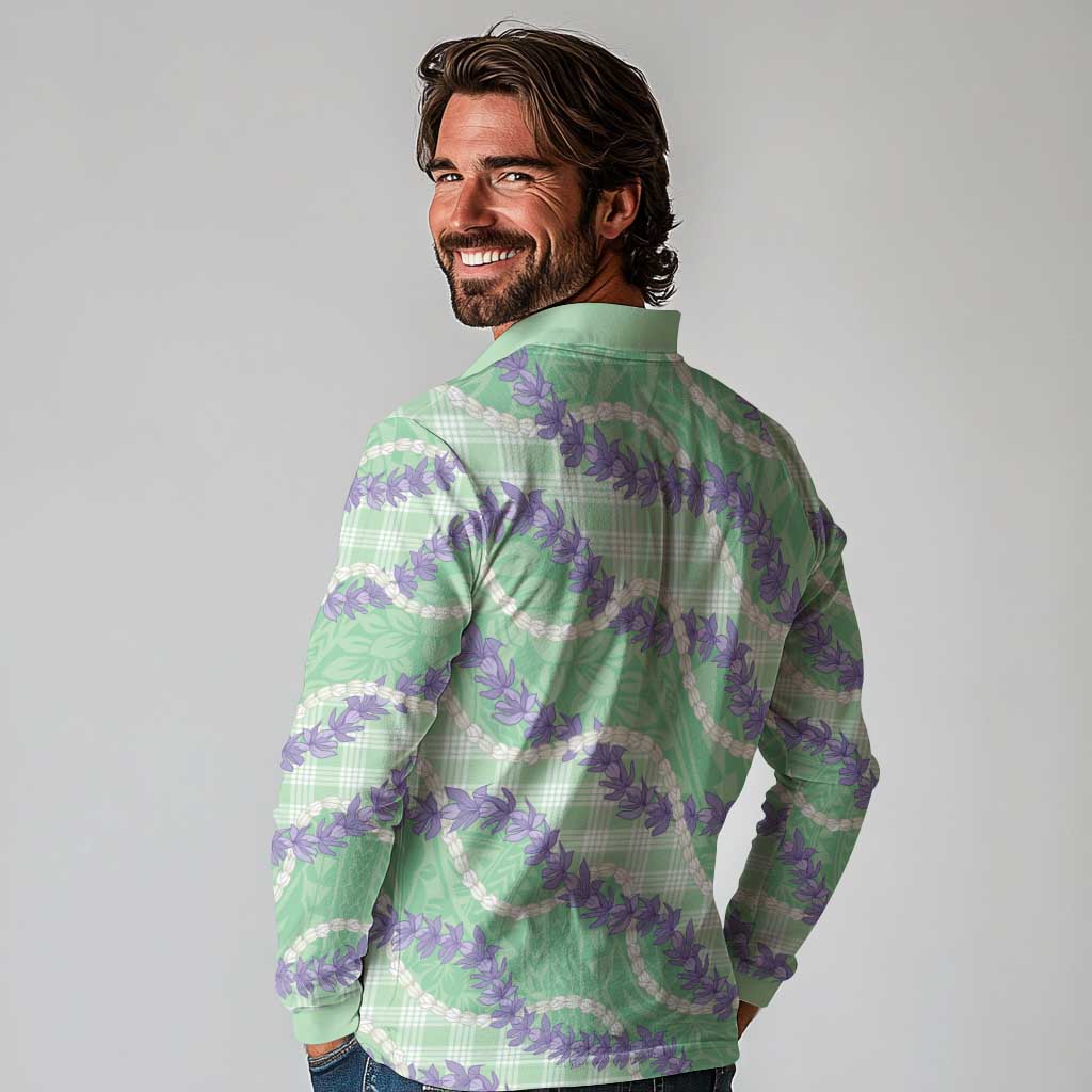 Pastel Green Hawaii Palaka Honohono Pikake Long Sleeve Polo Shirt Hawaiian Orchid Lei Polynesian Pattern - Polynesian Pride