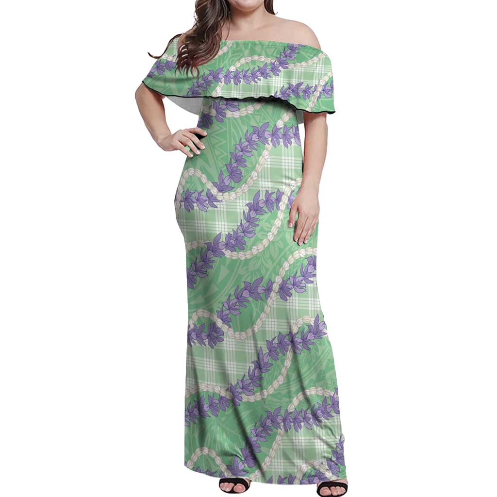Pastel Green Hawaii Palaka Honohono Pikake Off Shoulder Maxi Dress Hawaiian Orchid Lei Polynesian Pattern - Polynesian Pride