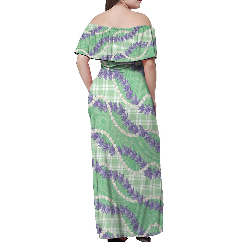 Pastel Green Hawaii Palaka Honohono Pikake Off Shoulder Maxi Dress Hawaiian Orchid Lei Polynesian Pattern - Polynesian Pride