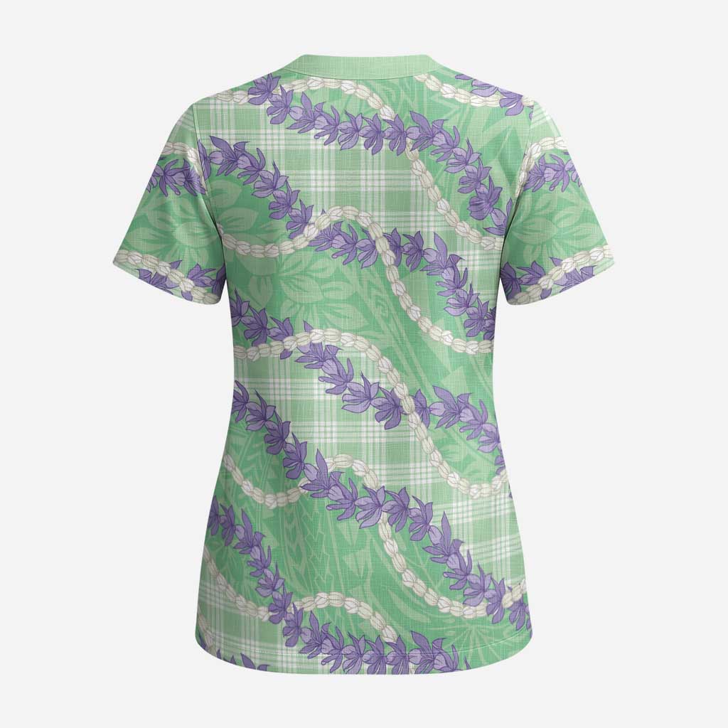 Pastel Green Hawaii Palaka Honohono Pikake Scrub Top Hawaiian Orchid Lei Polynesian Pattern - Polynesian Pride